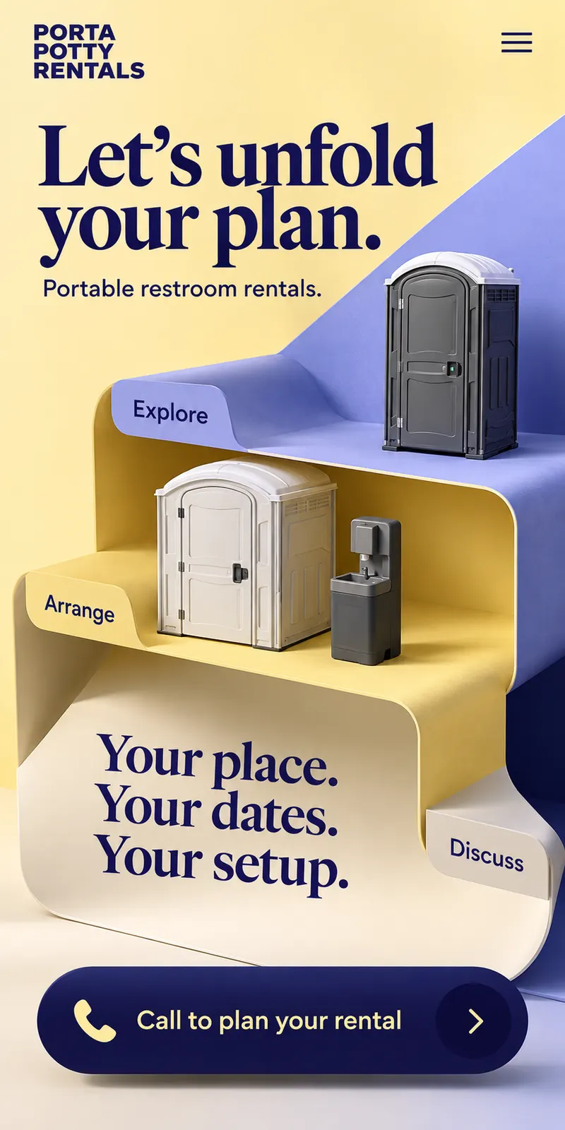 Portable toilets arranged on folded yellow and lilac display surfaces